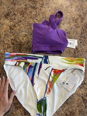 Purple Cropped Tank and Multicolor High-Waist Bikini Bottoms